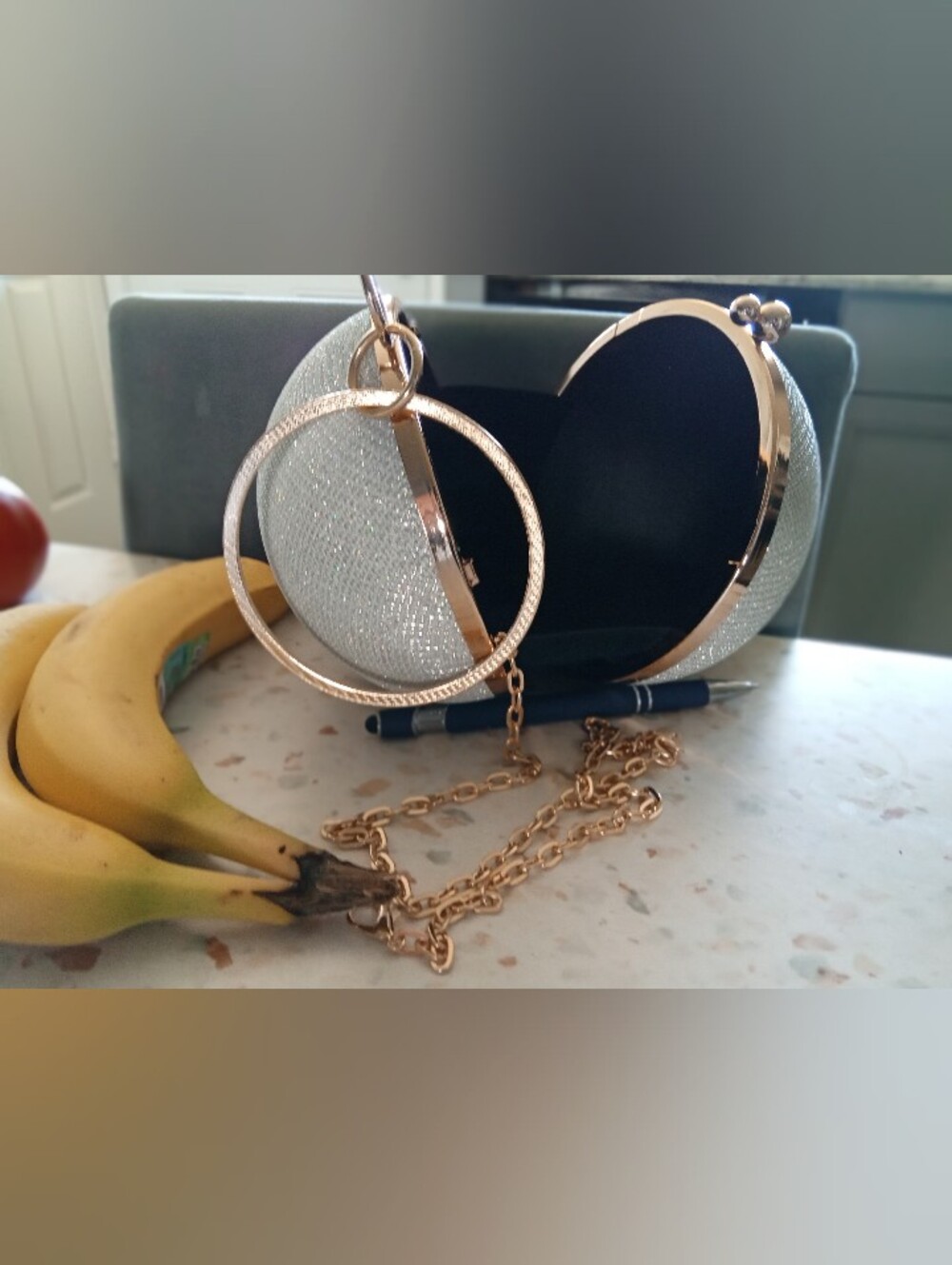 Sparkle Orb Metallic Silver Evening Clutch with Gold Chain
